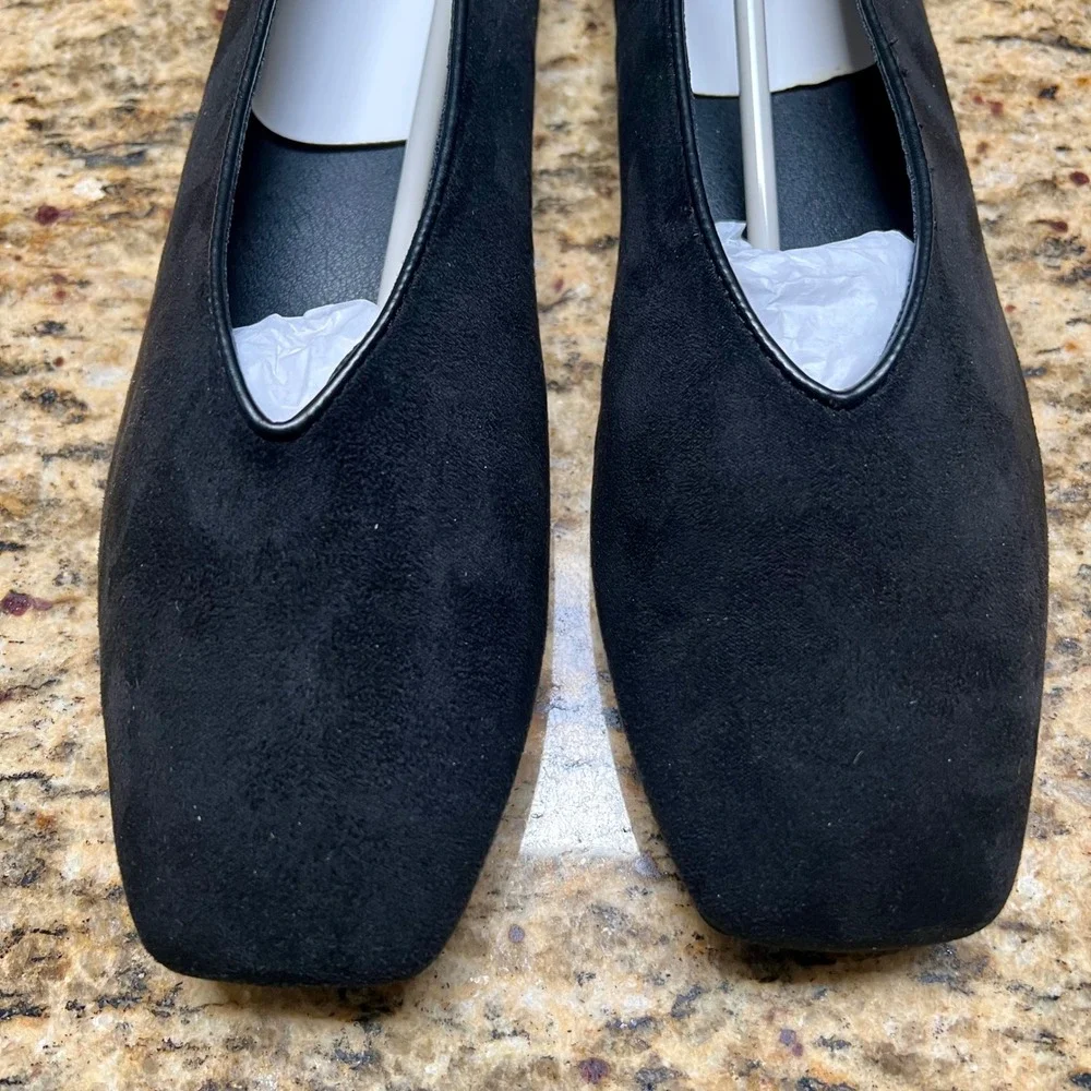 Coutgo Womens Ballet Flats Black Square Toe Faux Suede Slip On Shoes Size 10